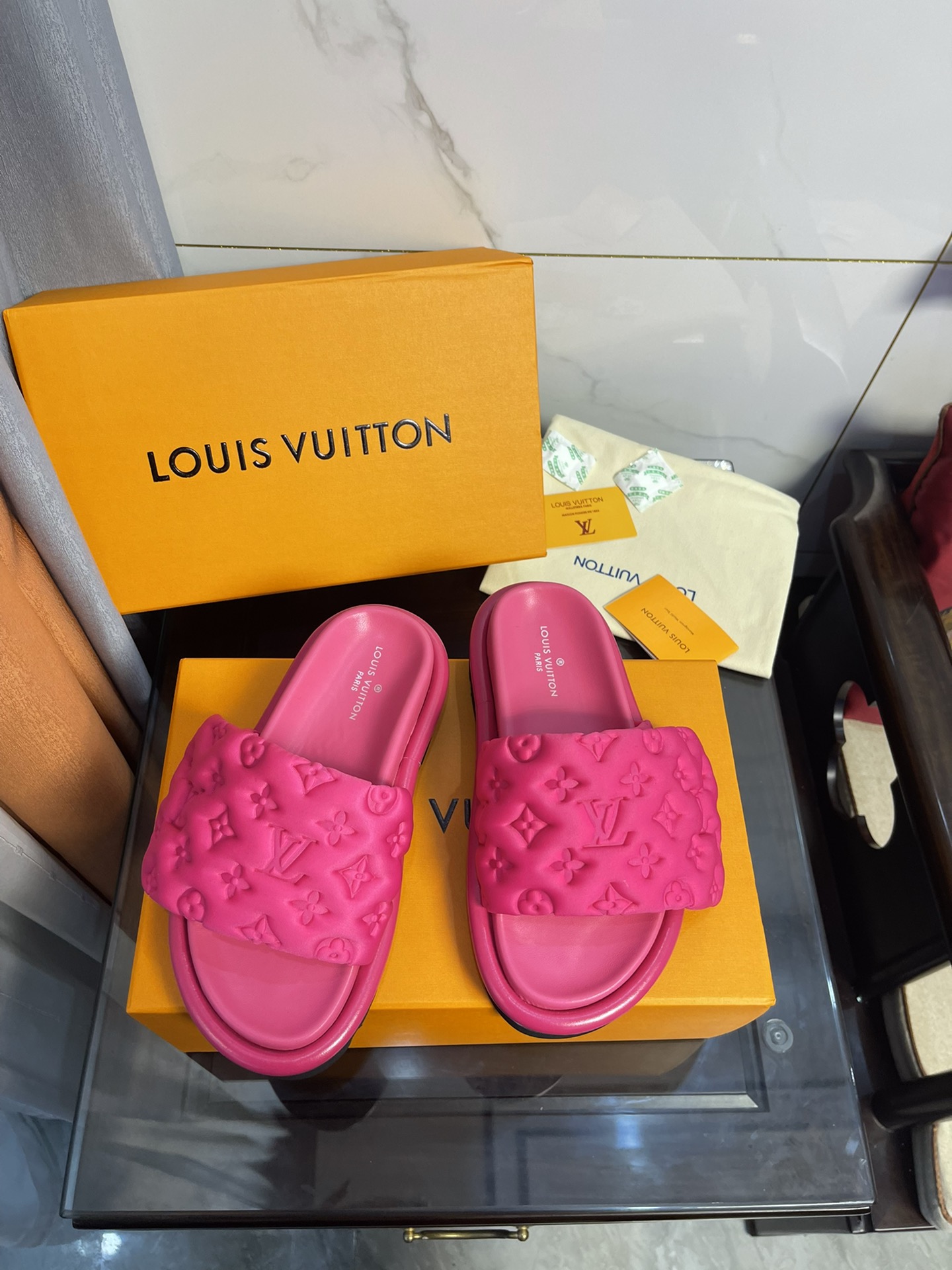 Louis Vuitton Women's Pool Pillow Comfort Flat Mule Fuchsia Pink For Women LV 1AA1DO