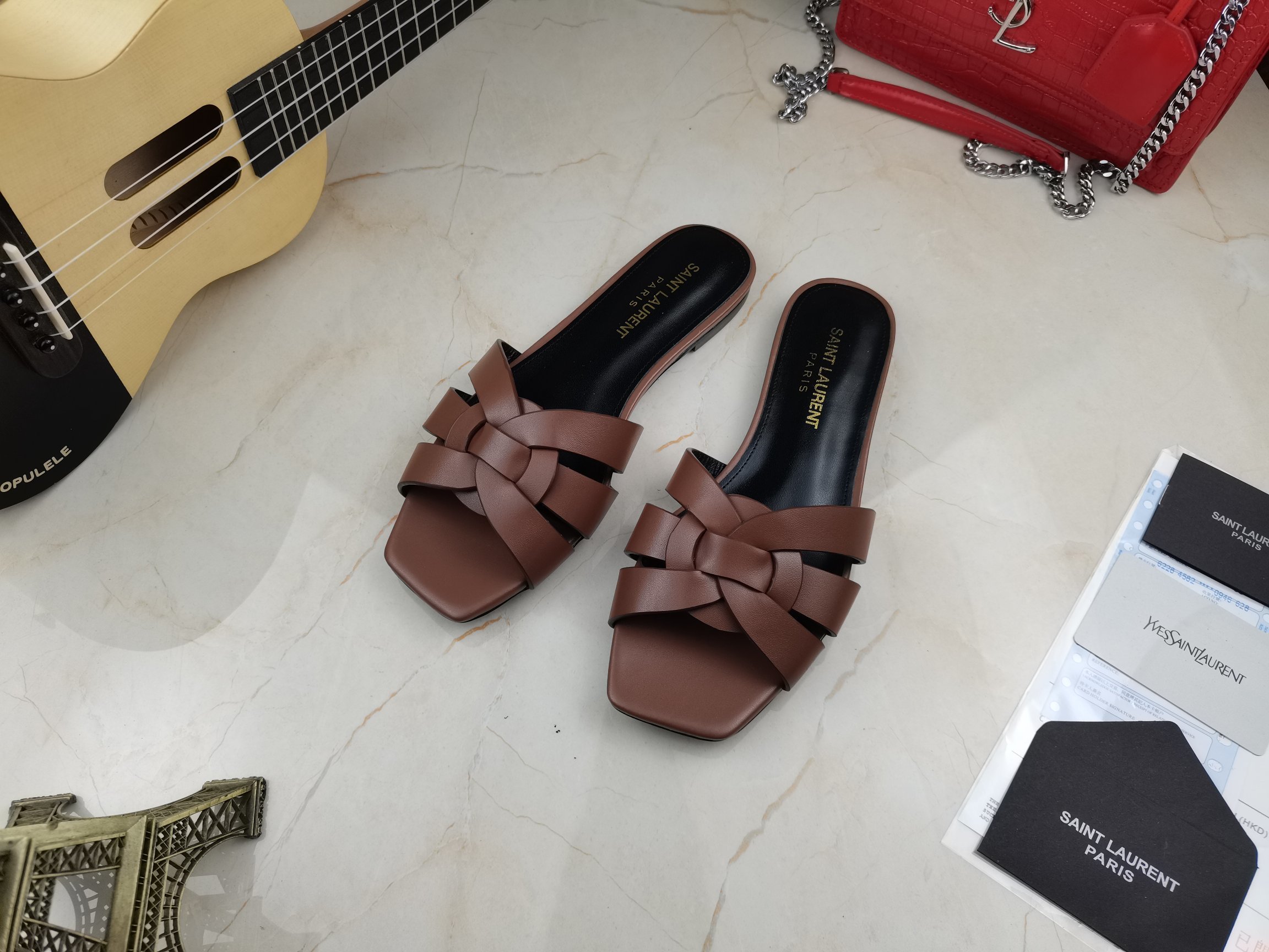 Saint Laurent Women's Tribute Flat Mules Brown For Women YSL